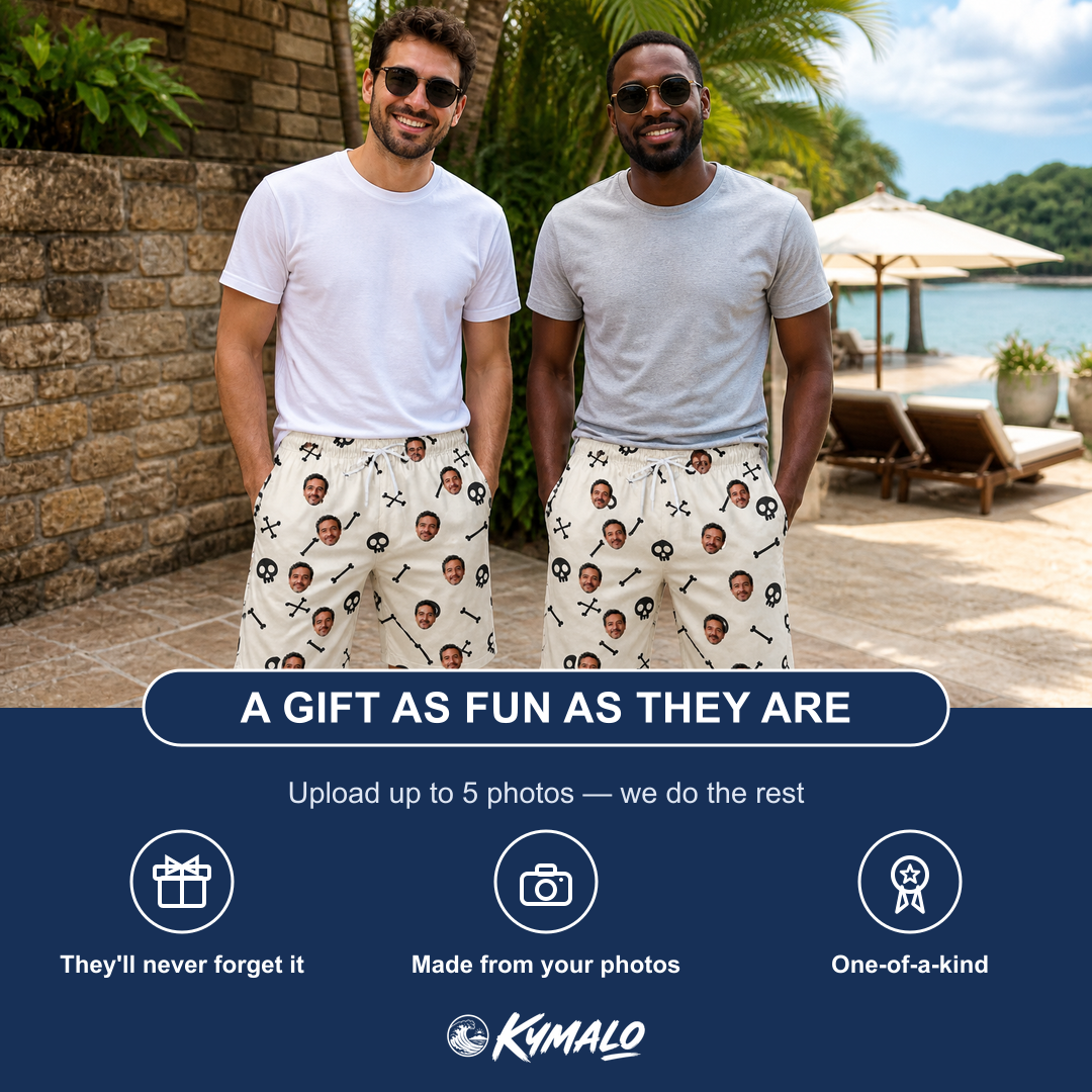 Friends in matching Men's Skeleton Shenanigans Custom Face Beach Shorts — a group gift photo