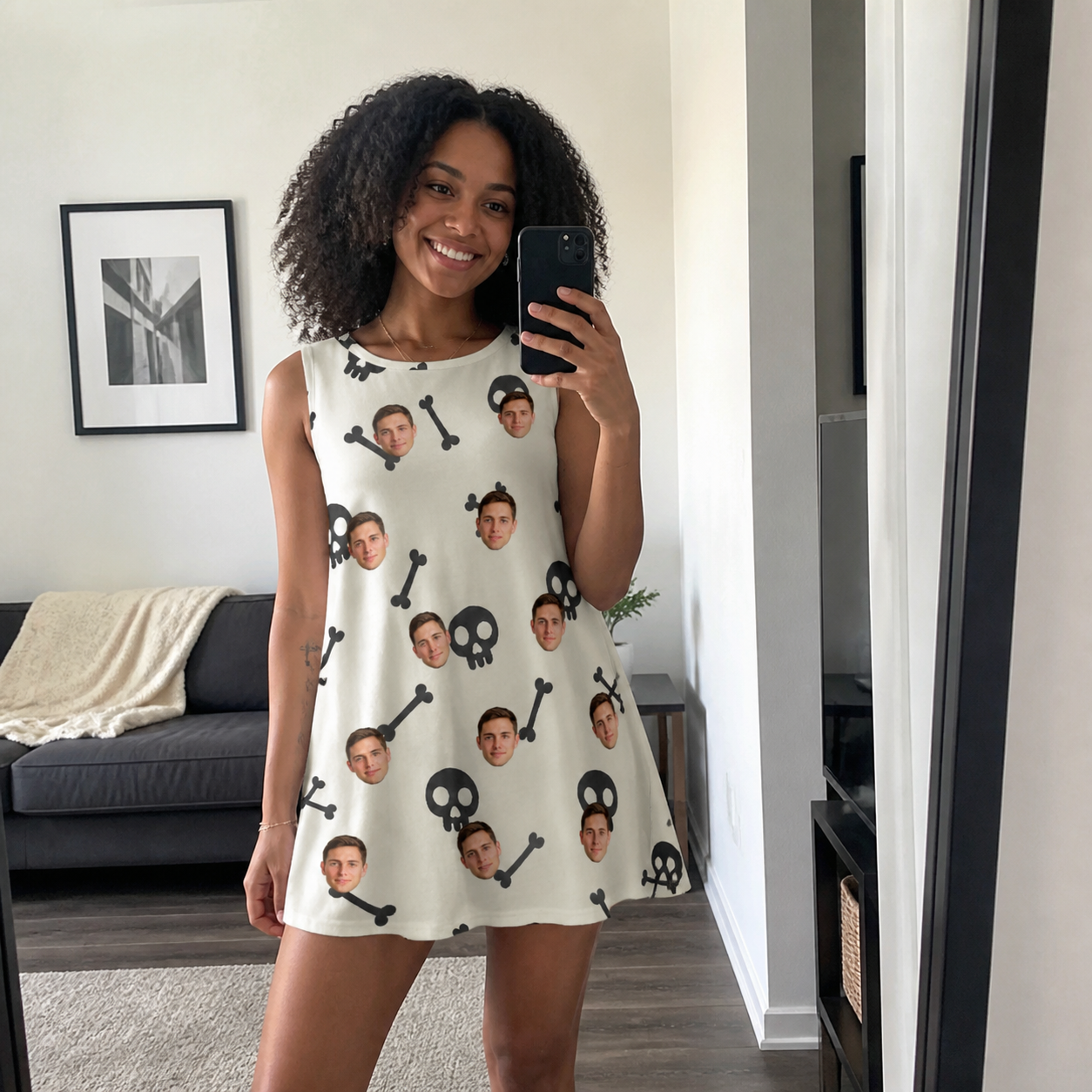 Real-life photo of someone wearing Women's Skeleton Shenanigans Custom Face Tank Dress — custom faces printed all-over
