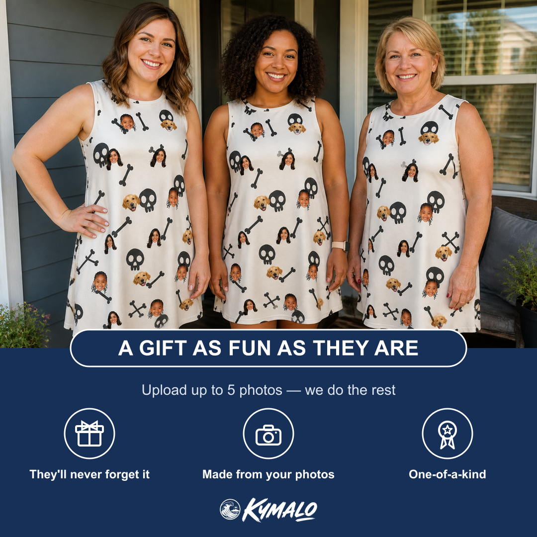 Friends in matching Women's Skeleton Shenanigans Custom Face Tank Dress — a group gift photo