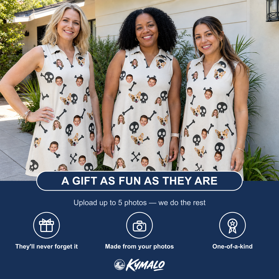 Friends in matching Women's Skeleton Shenanigans Custom Face V-Neck Dress — a group gift photo