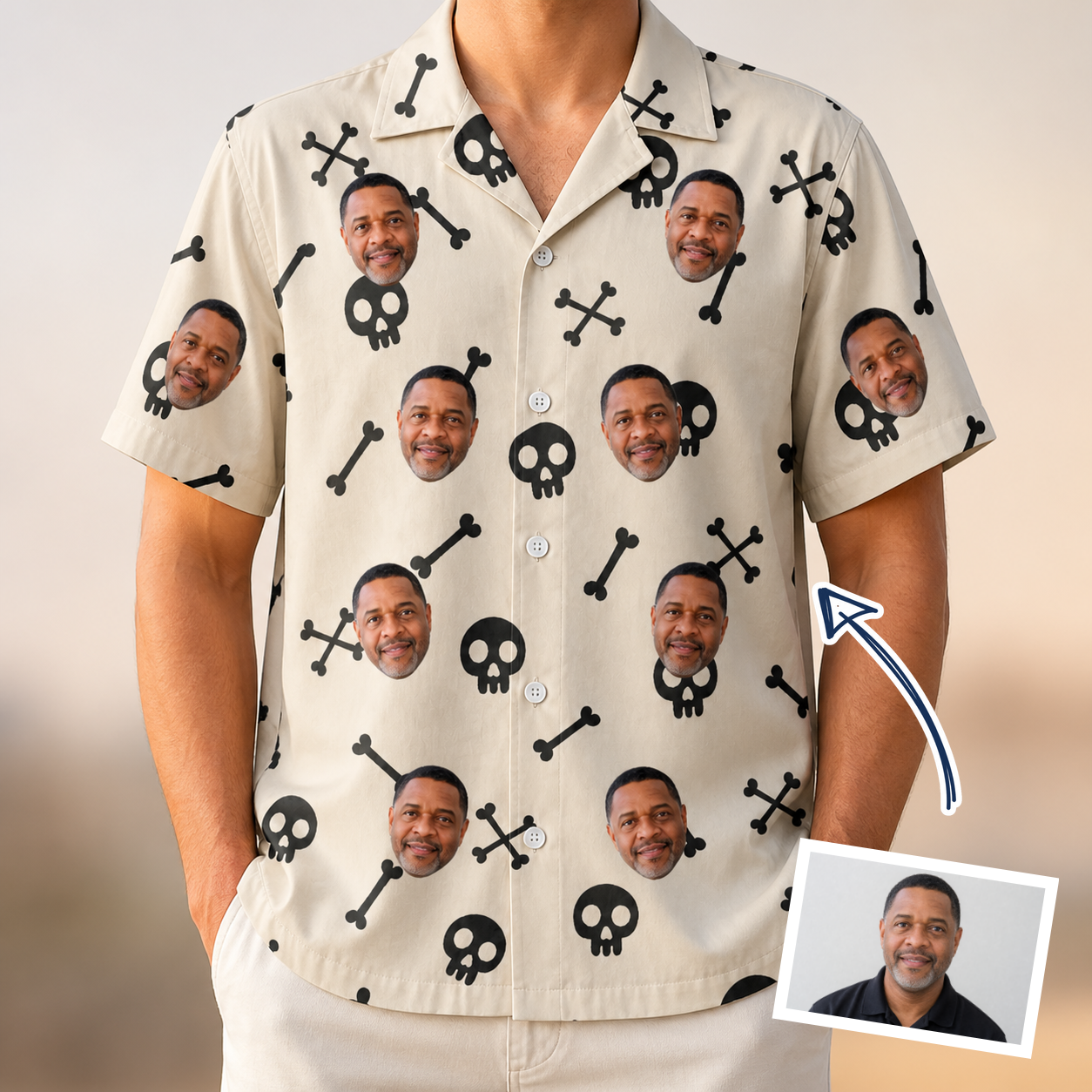 Man wearing Men's Skeleton Shenanigans Custom Face Hawaiian Shirt — custom faces printed all-over
