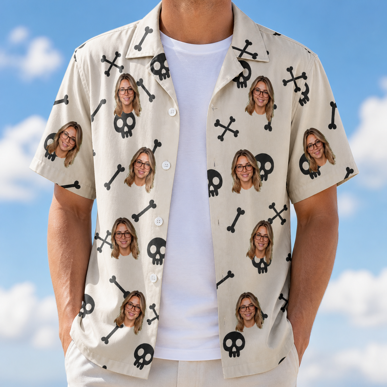Man wearing Men's Skeleton Shenanigans Custom Face Hawaiian Shirt open over a white tee