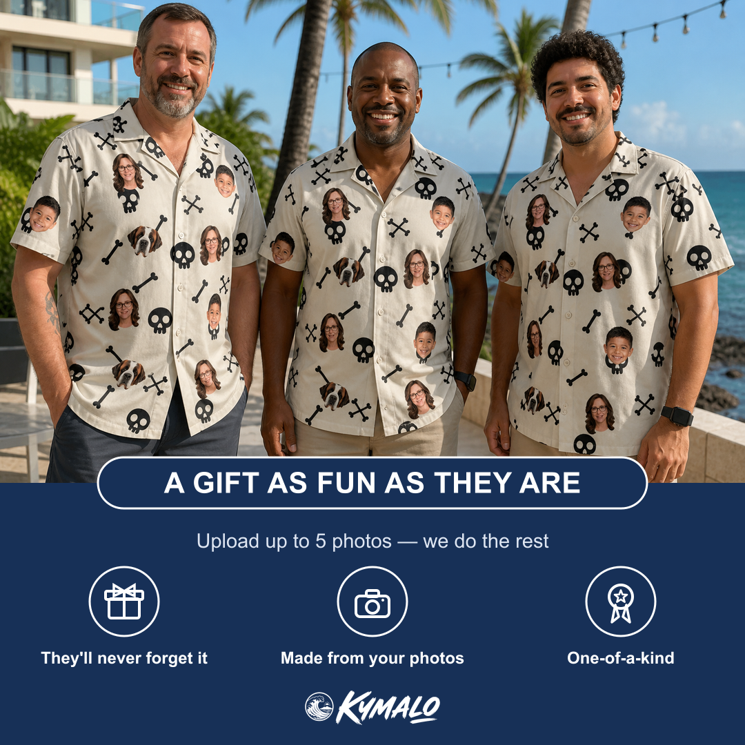 Friends in matching Men's Skeleton Shenanigans Custom Face Hawaiian Shirt — a group gift photo