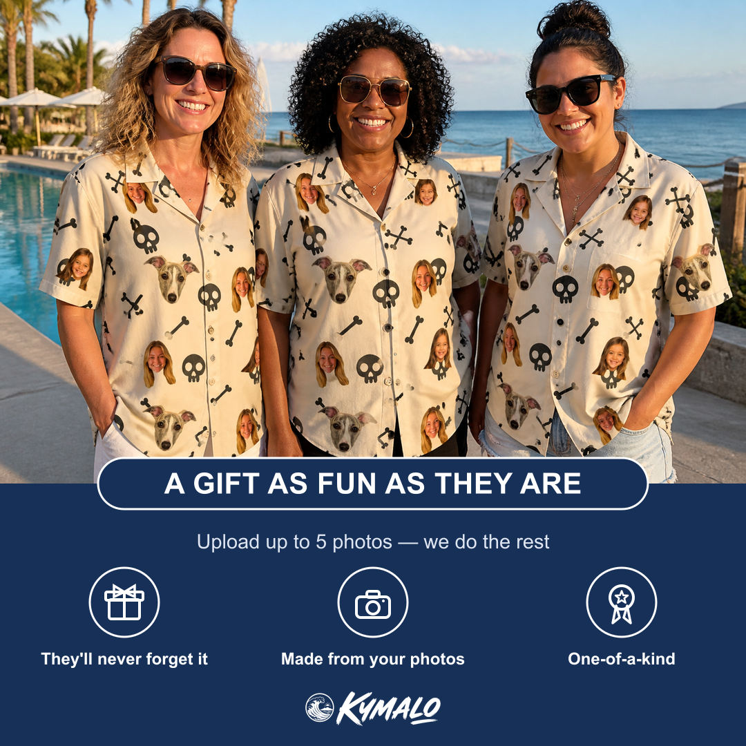 Friends in matching Women's Skeleton Shenanigans Custom Face Hawaiian Shirt — a group gift photo