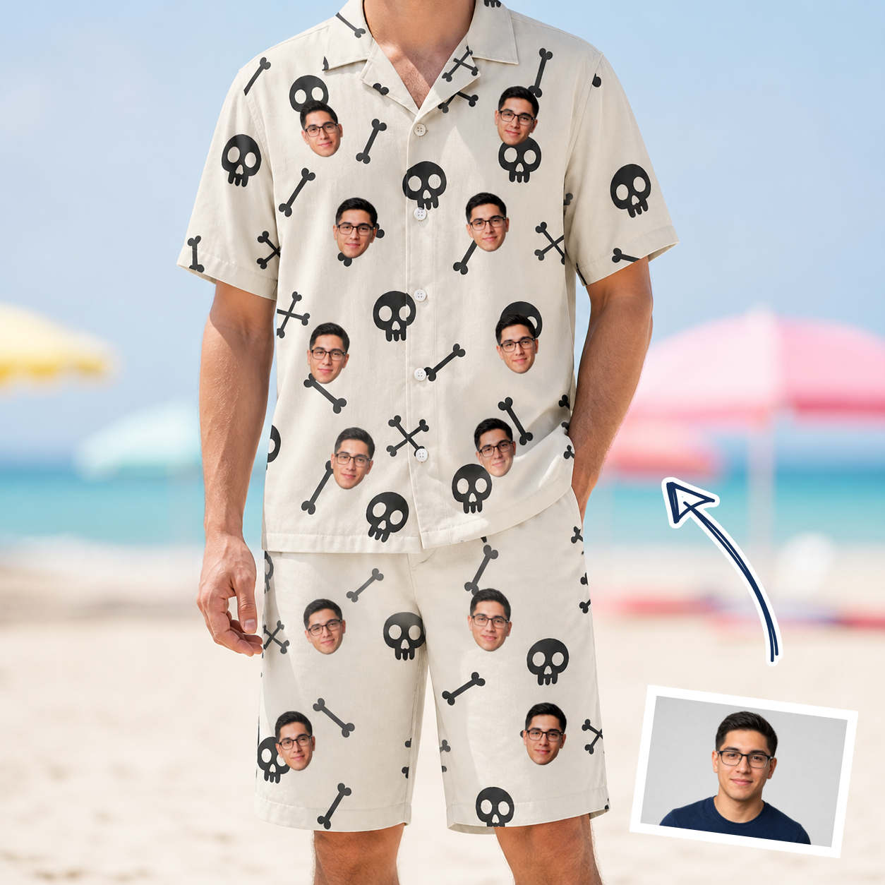 Man wearing Men's Skeleton Shenanigans Custom Face Shirt & Shorts Set — custom faces printed all-over