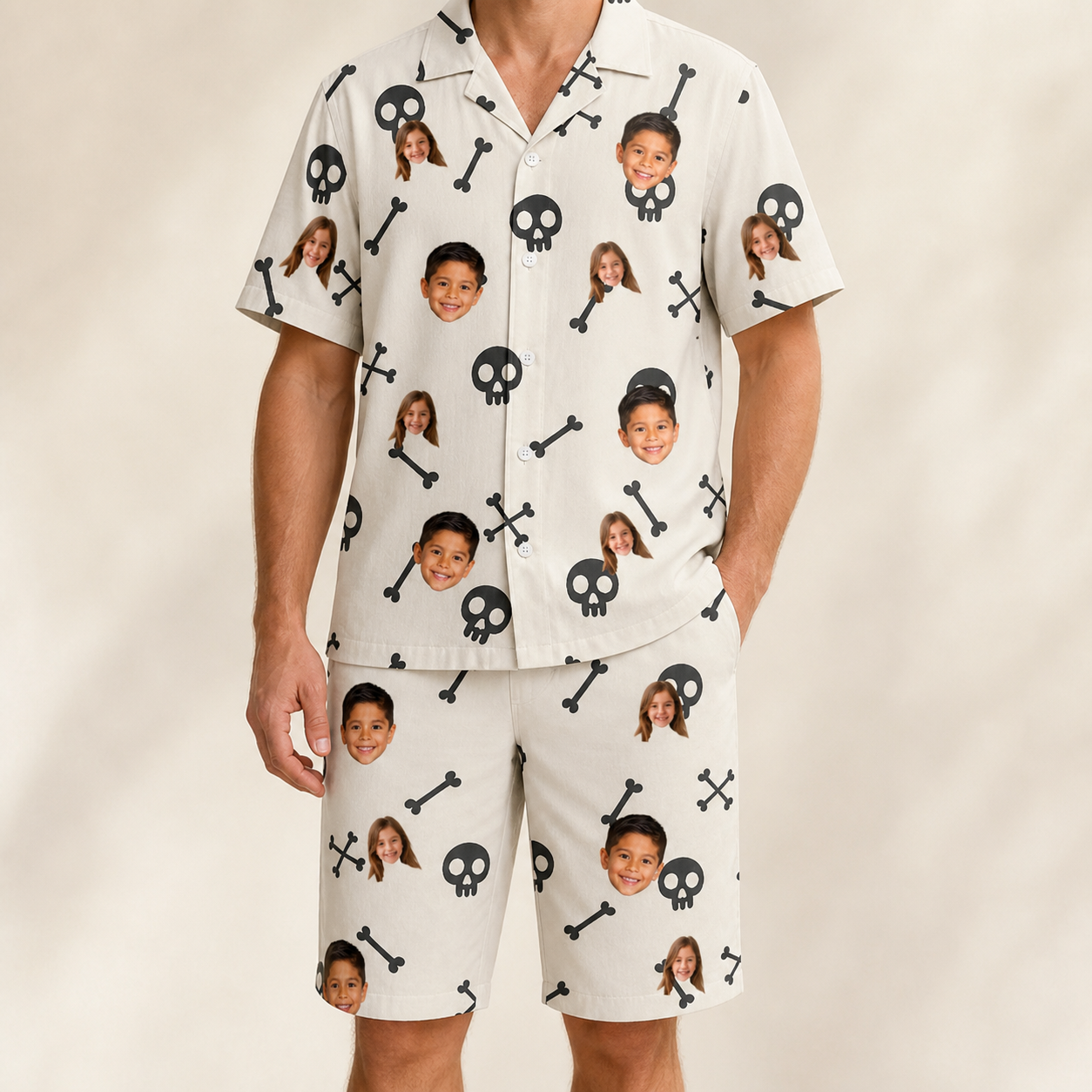 Model wearing Men's Skeleton Shenanigans Custom Face Shirt & Shorts Set printed with kids' faces