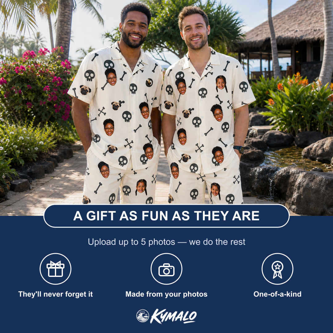 Friends in matching Men's Skeleton Shenanigans Custom Face Shirt & Shorts Set — a group gift photo