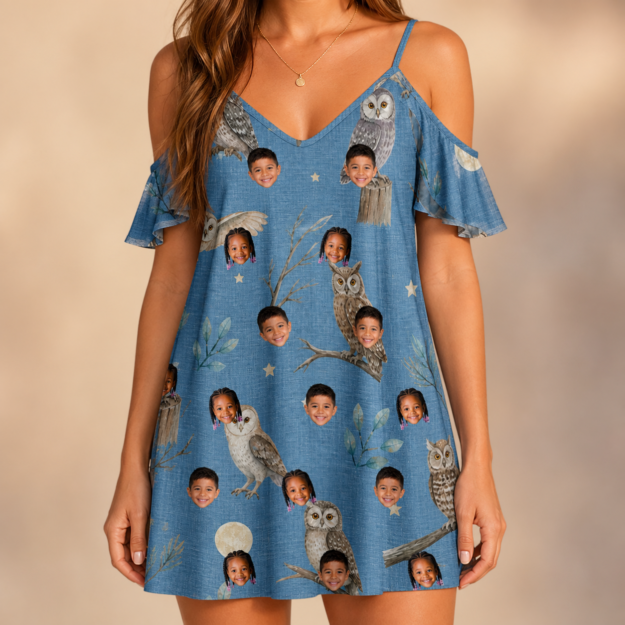 Model wearing Women's Hoot Hollow Custom Face Off-Shoulder Dress printed with kids' faces