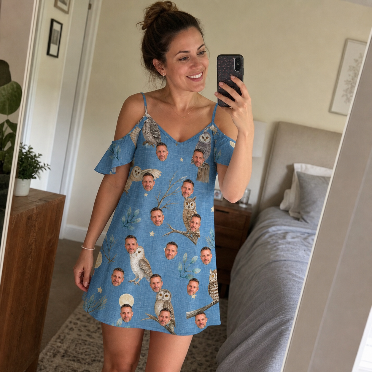 Real-life photo of someone wearing Women's Hoot Hollow Custom Face Off-Shoulder Dress — custom faces printed all-over