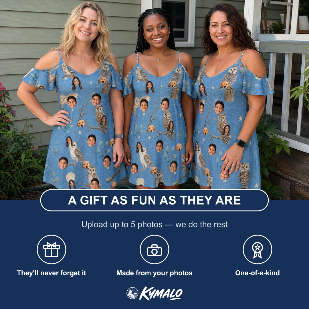 Friends in matching Women's Hoot Hollow Custom Face Off-Shoulder Dress — a group gift photo