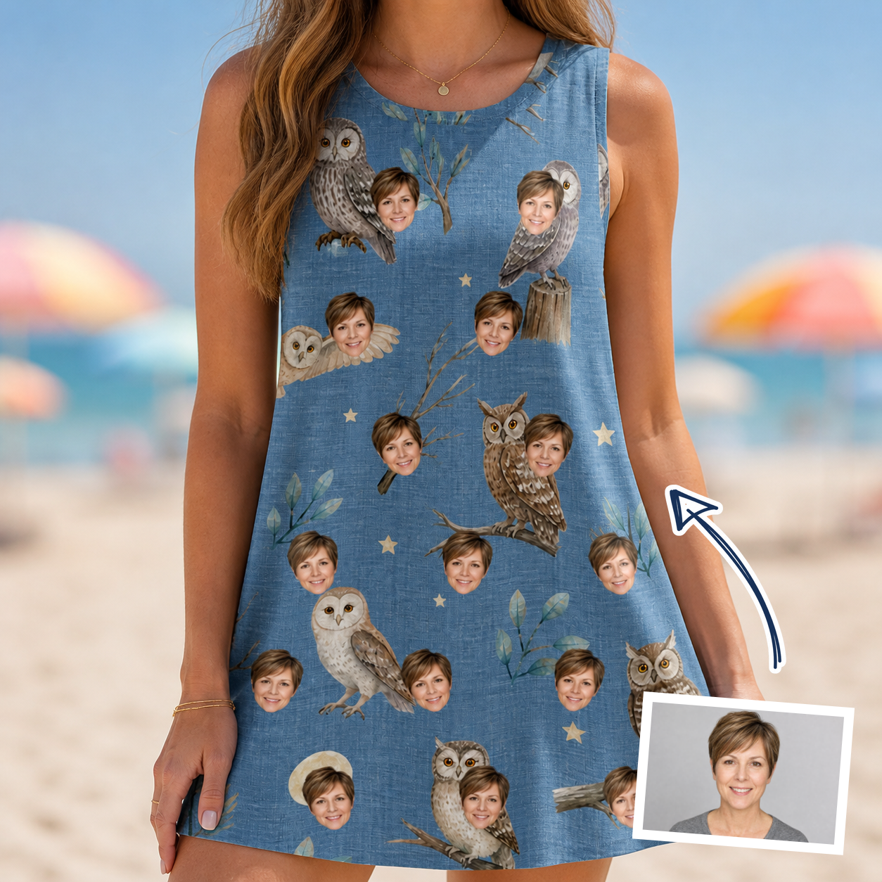 Woman wearing Women's Hoot Hollow Custom Face Tank Dress — custom faces printed all-over