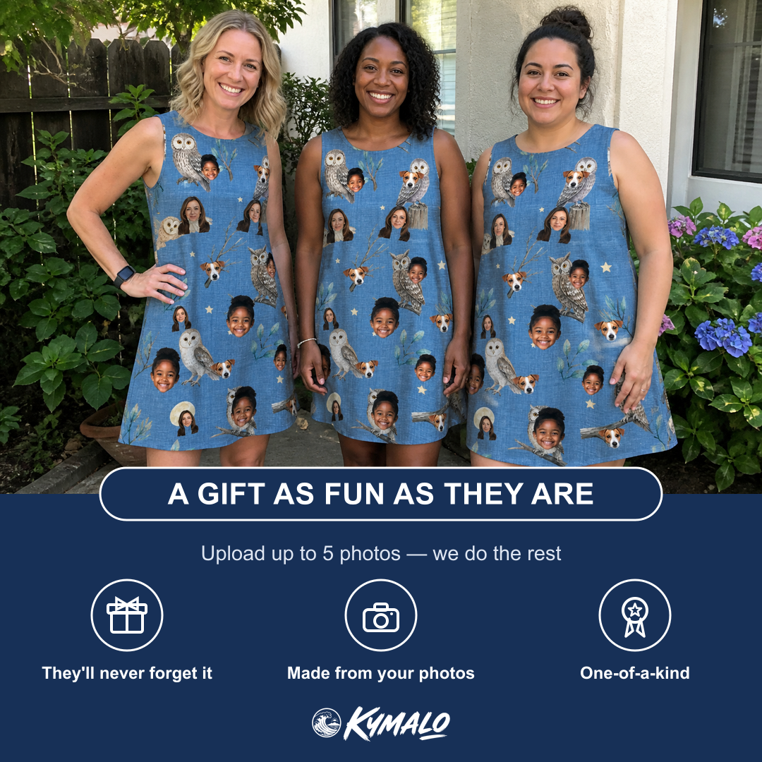 Friends in matching Women's Hoot Hollow Custom Face Tank Dress — a group gift photo