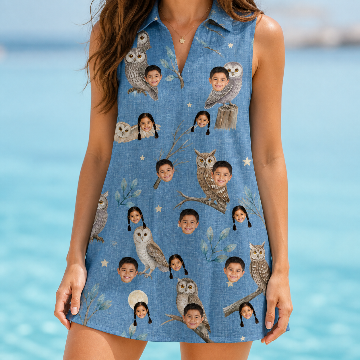 Model wearing Women's Hoot Hollow Custom Face V-Neck Dress printed with kids' faces