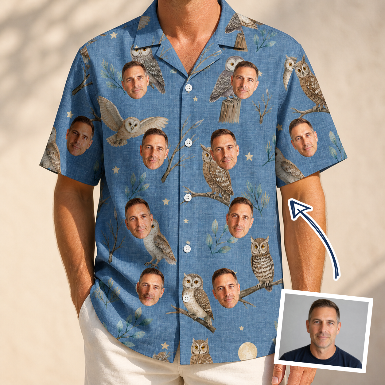 Man wearing Men's Hoot Hollow Custom Face Hawaiian Shirt — custom faces printed all-over