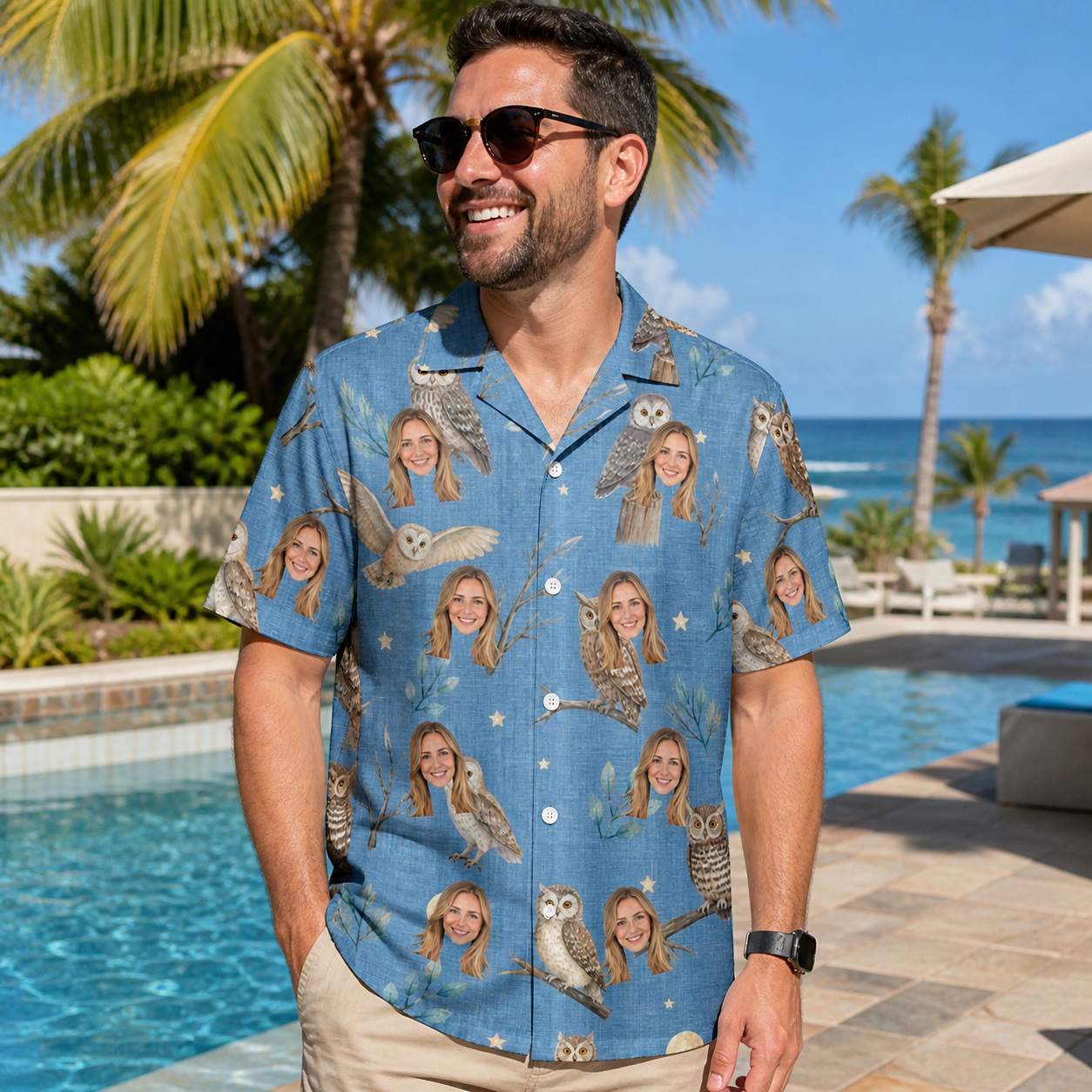 Real-life photo of someone wearing Men's Hoot Hollow Custom Face Hawaiian Shirt — custom faces printed all-over