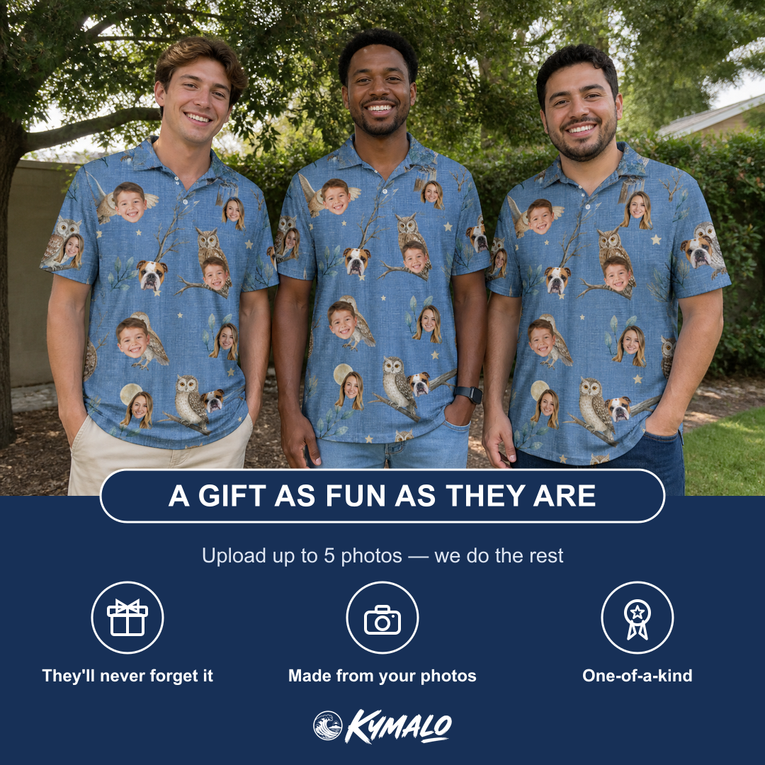 Friends in matching Men's Hoot Hollow Custom Face Polo Shirt — a group gift photo