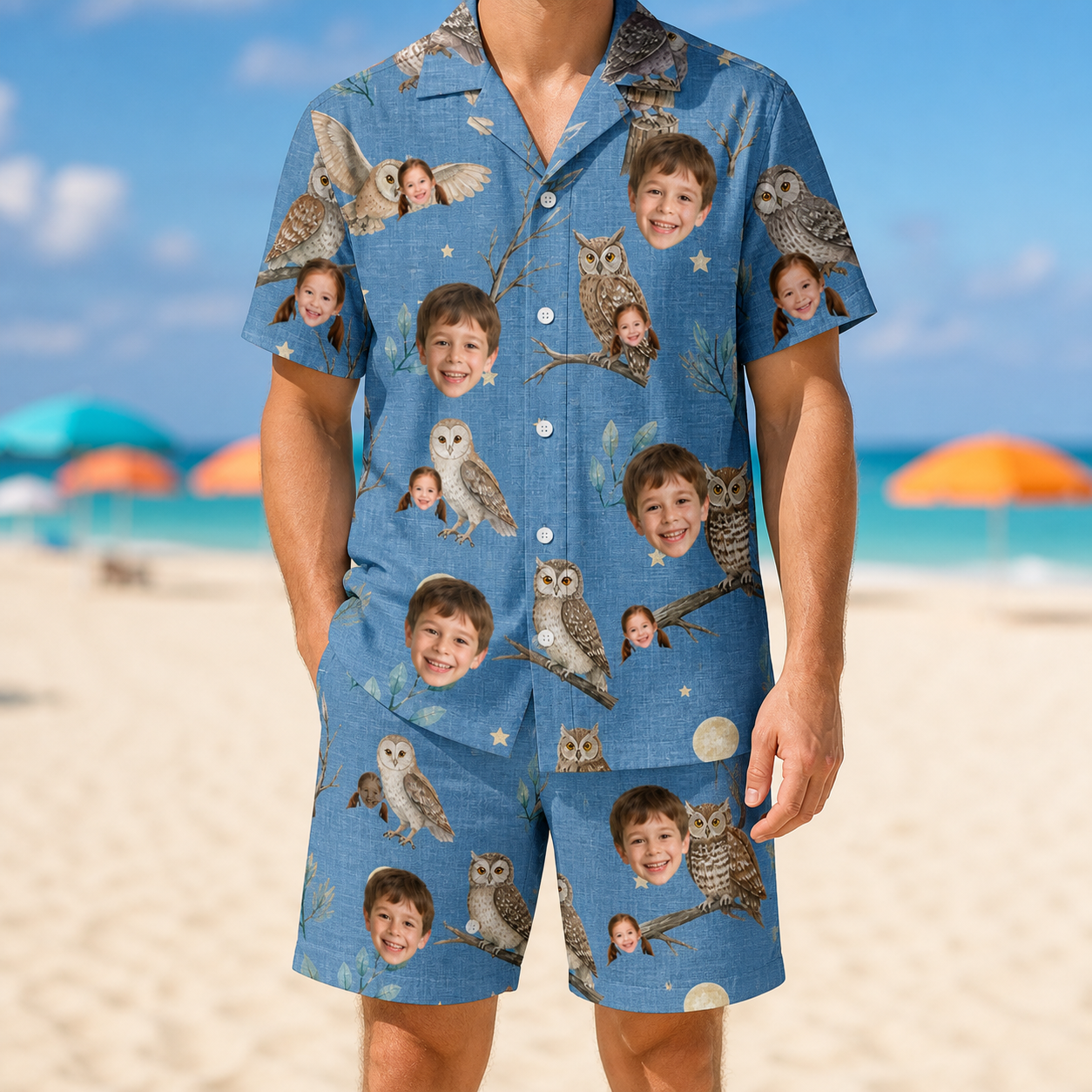 Model wearing Men's Hoot Hollow Custom Face Shirt & Shorts Set printed with kids' faces