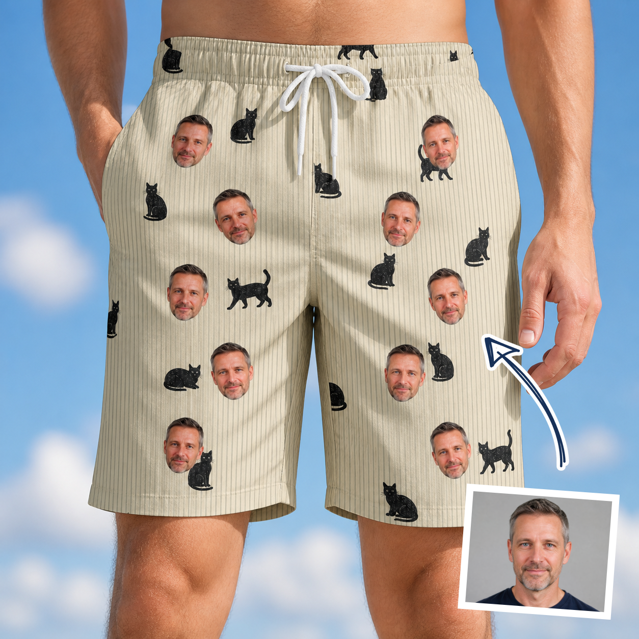Man wearing Men's Feline Frights Custom Face Beach Shorts — custom faces printed all-over