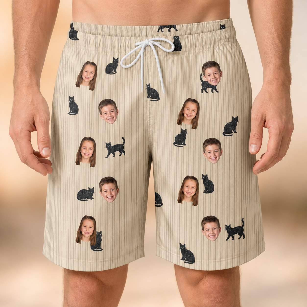 Model wearing Men's Feline Frights Custom Face Beach Shorts printed with kids' faces