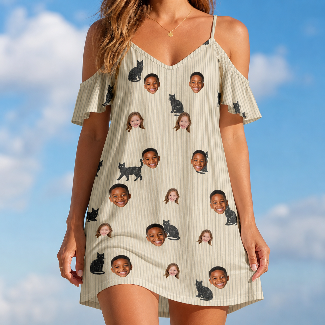 Model wearing Women's Feline Frights Custom Face Off-Shoulder Dress printed with kids' faces