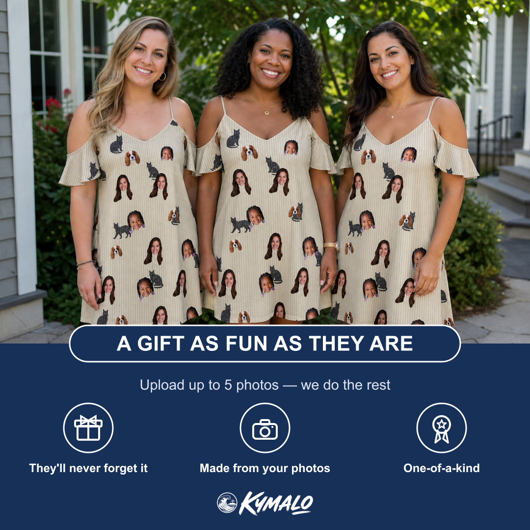 Friends in matching Women's Feline Frights Custom Face Off-Shoulder Dress — a group gift photo