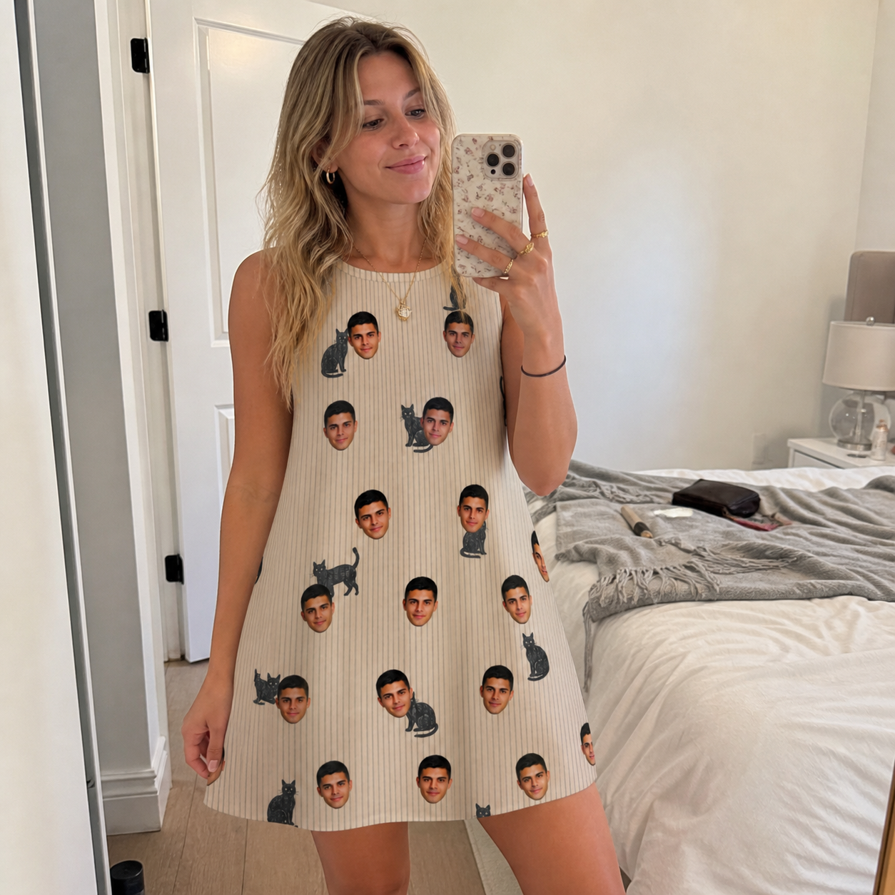 Real-life photo of someone wearing Women's Feline Frights Custom Face Tank Dress — custom faces printed all-over