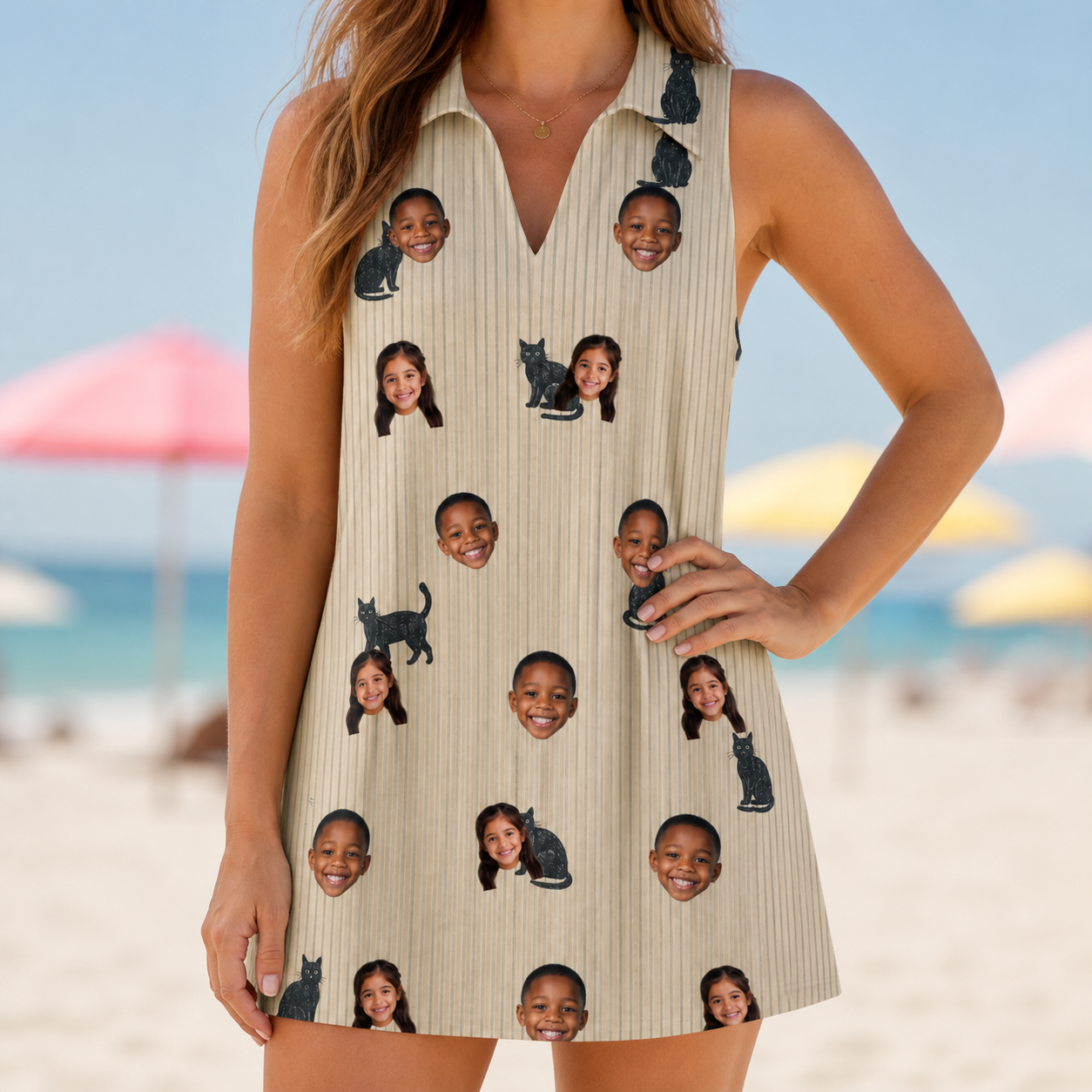 Model wearing Women's Feline Frights Custom Face V-Neck Dress printed with kids' faces
