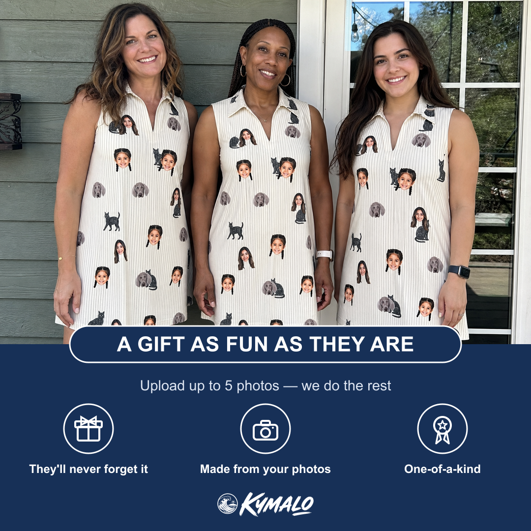 Friends in matching Women's Feline Frights Custom Face V-Neck Dress — a group gift photo