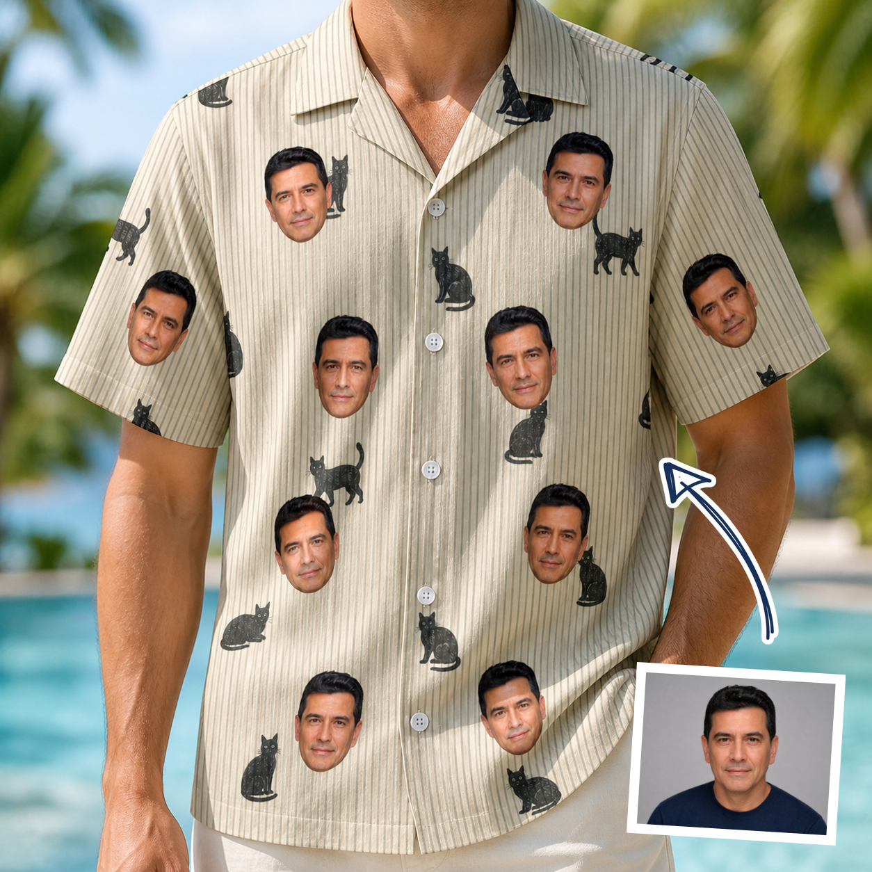 Man wearing Men's Feline Frights Custom Face Hawaiian Shirt — custom faces printed all-over