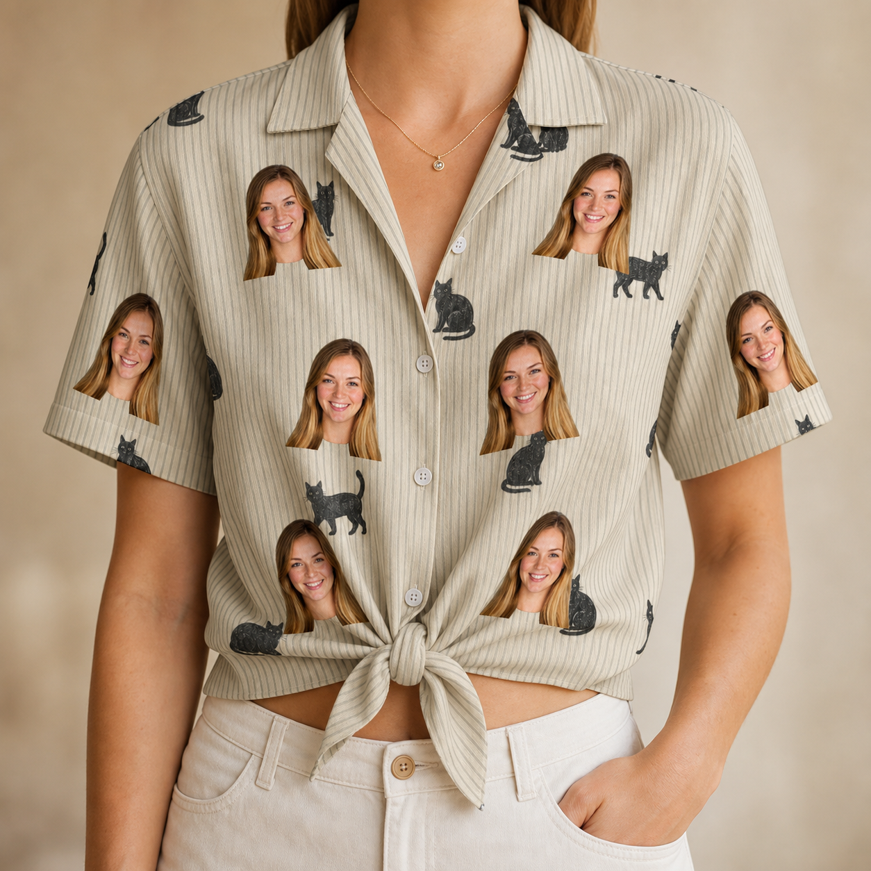 Woman wearing Women's Feline Frights Custom Face Hawaiian Shirt tied at the waist