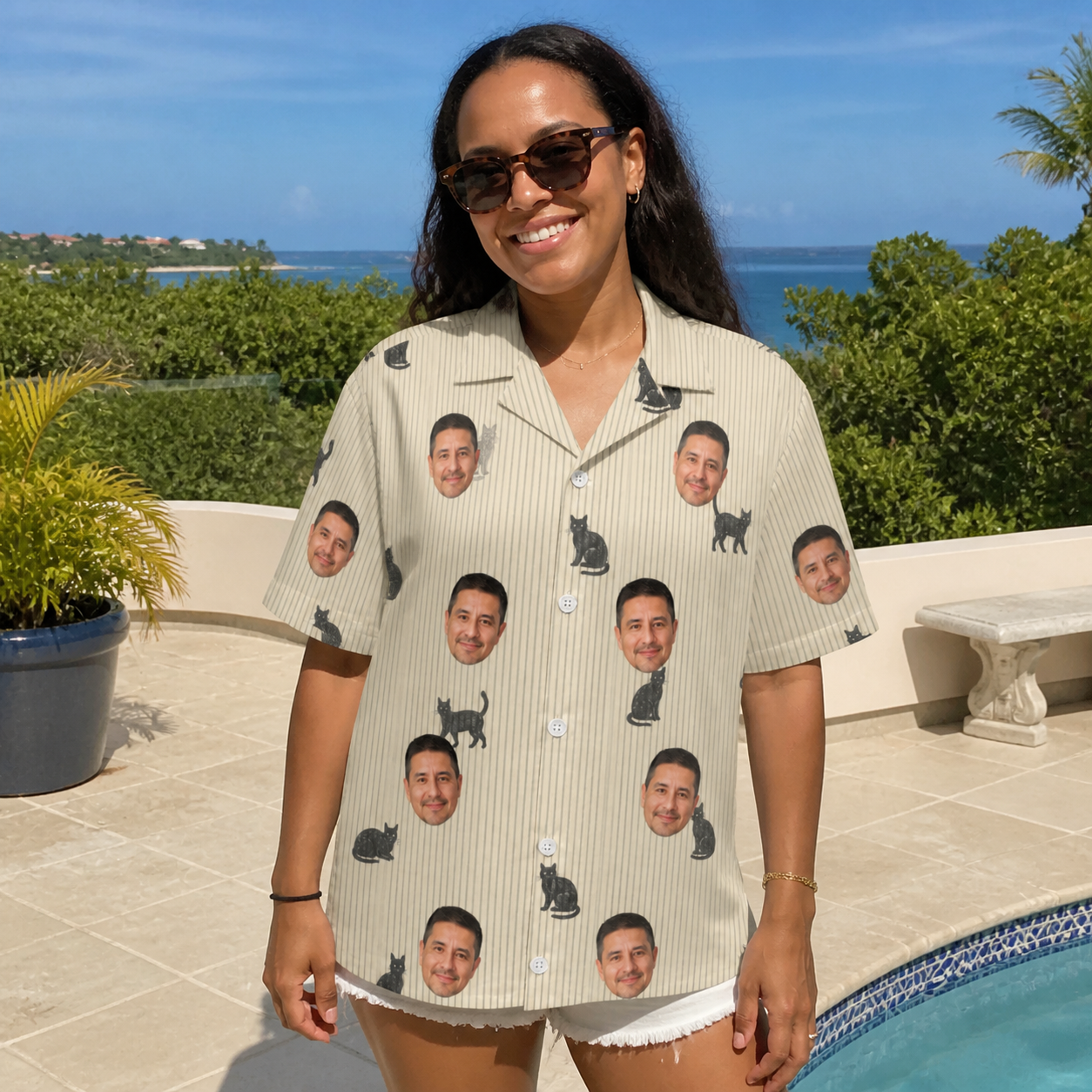 Real-life photo of someone wearing Women's Feline Frights Custom Face Hawaiian Shirt — custom faces printed all-over