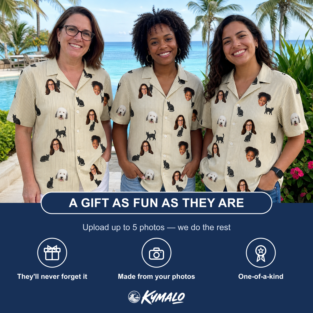 Friends in matching Women's Feline Frights Custom Face Hawaiian Shirt — a group gift photo