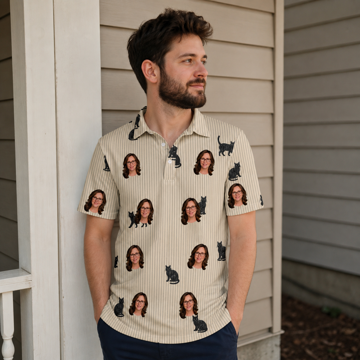 Real-life photo of someone wearing Men's Feline Frights Custom Face Polo Shirt — custom faces printed all-over