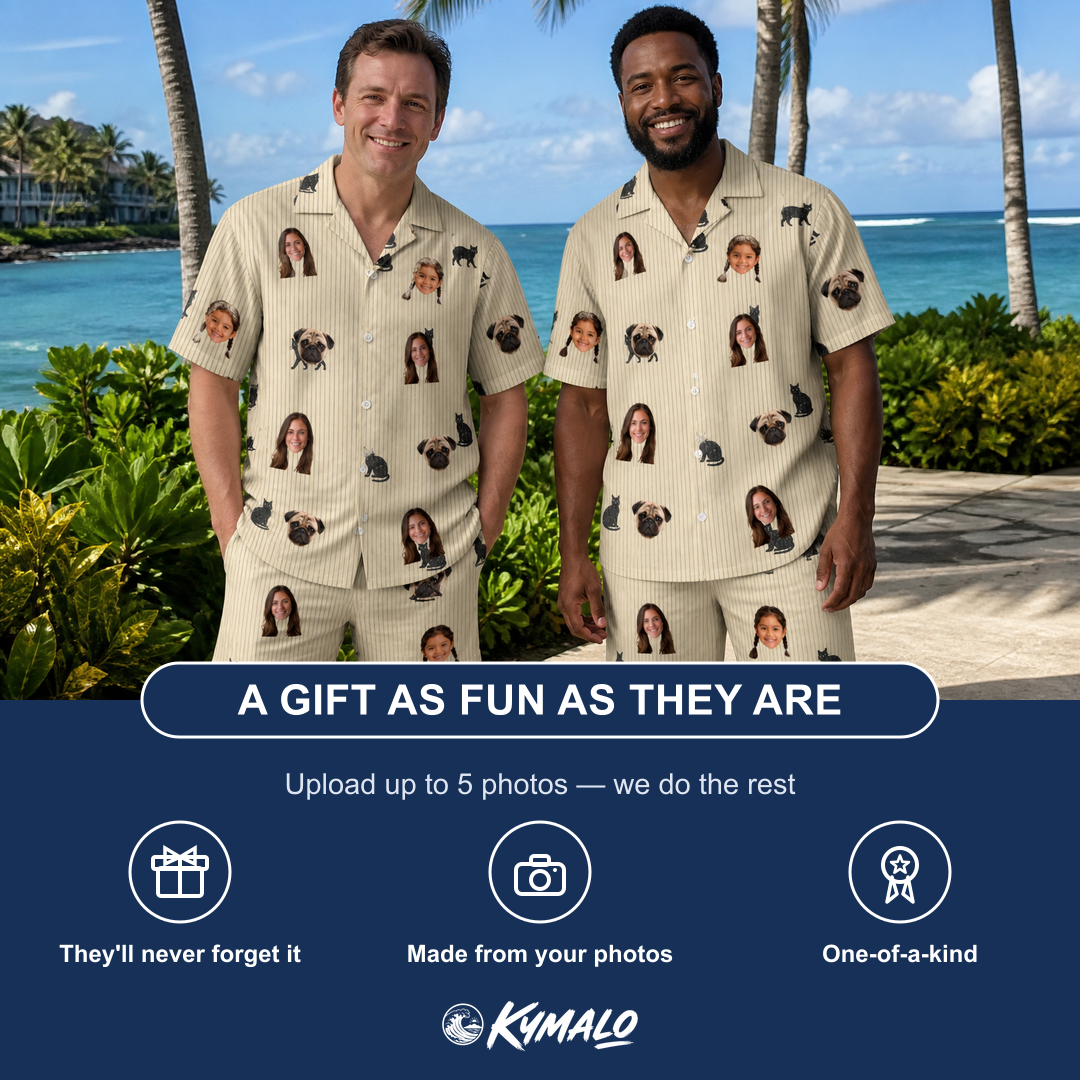 Friends in matching Men's Feline Frights Custom Face Shirt & Shorts Set — a group gift photo