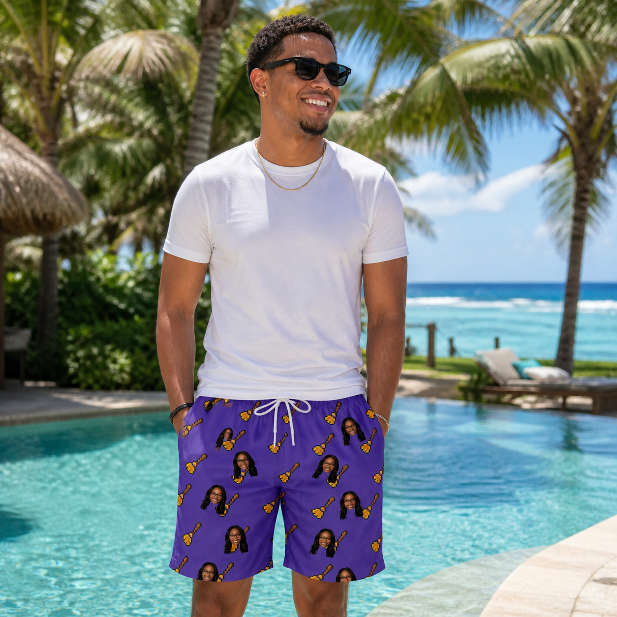 Real-life photo of someone wearing Men's Mopstick Magic Custom Face Beach Shorts — custom faces printed all-over