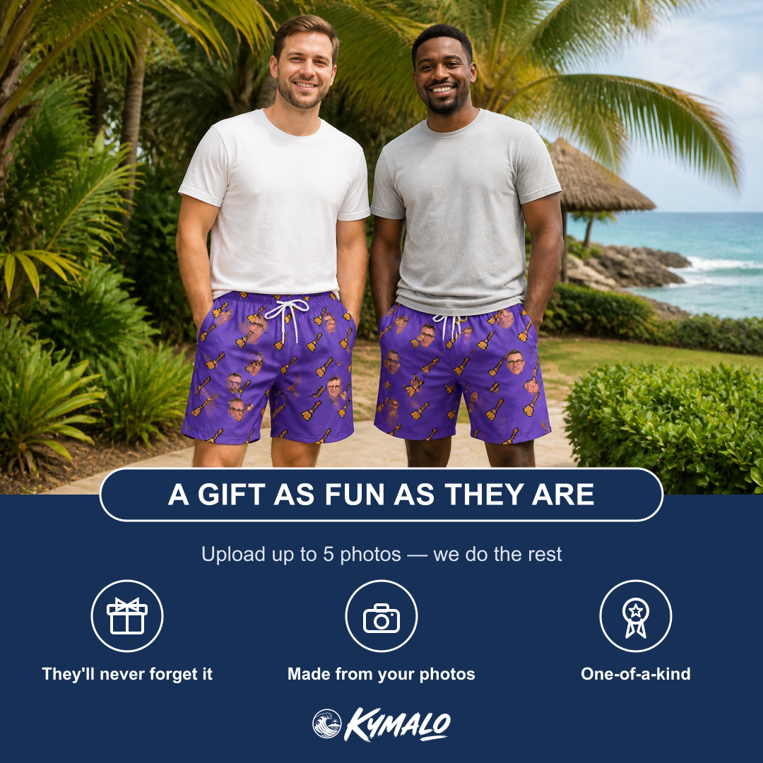 Friends in matching Men's Mopstick Magic Custom Face Beach Shorts — a group gift photo