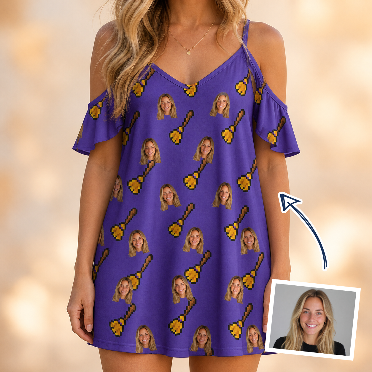 Woman wearing Women's Mopstick Magic Custom Face Off-Shoulder Dress — custom faces printed all-over