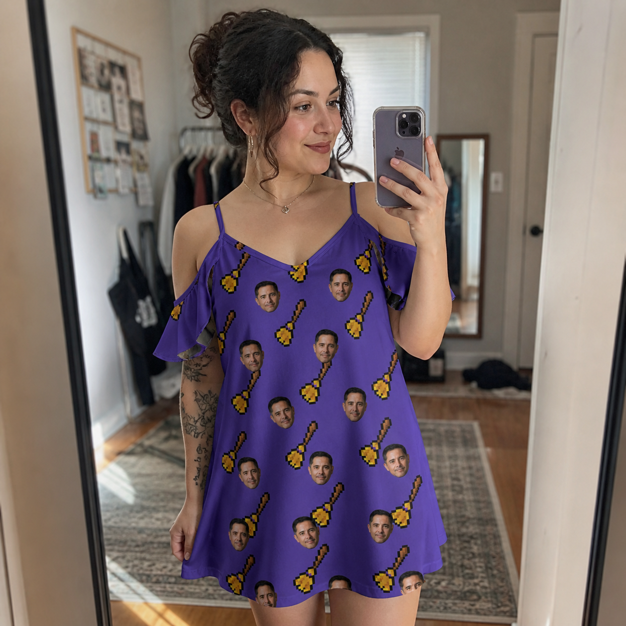 Real-life photo of someone wearing Women's Mopstick Magic Custom Face Off-Shoulder Dress — custom faces printed all-over