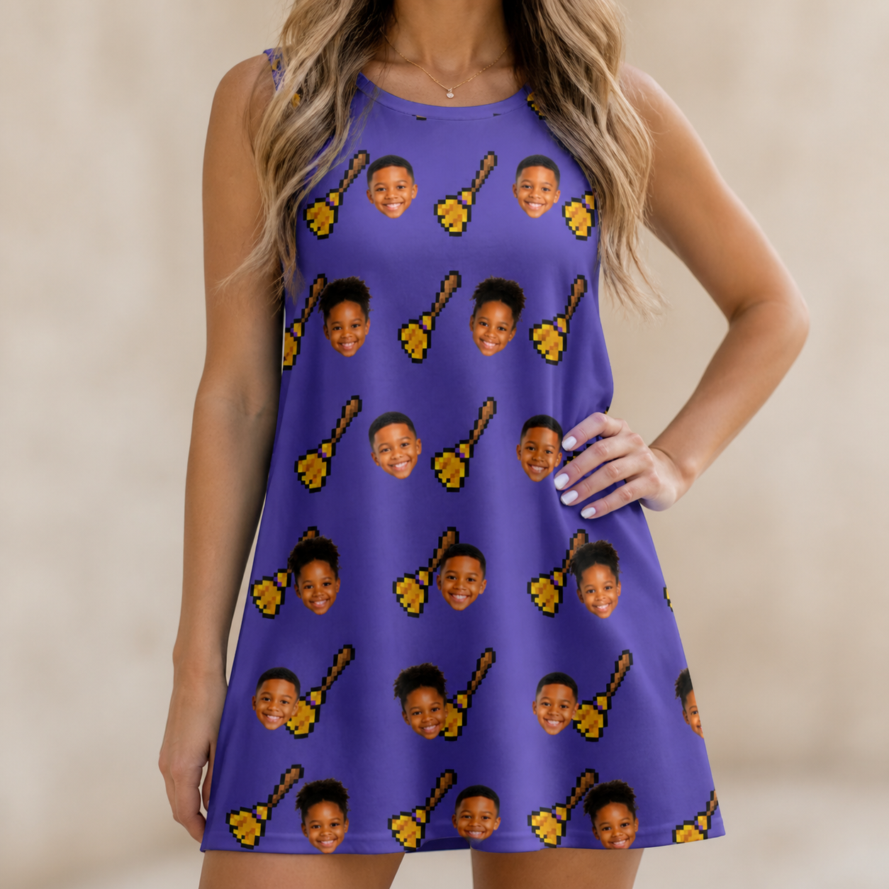 Model wearing Women's Mopstick Magic Custom Face Tank Dress printed with kids' faces