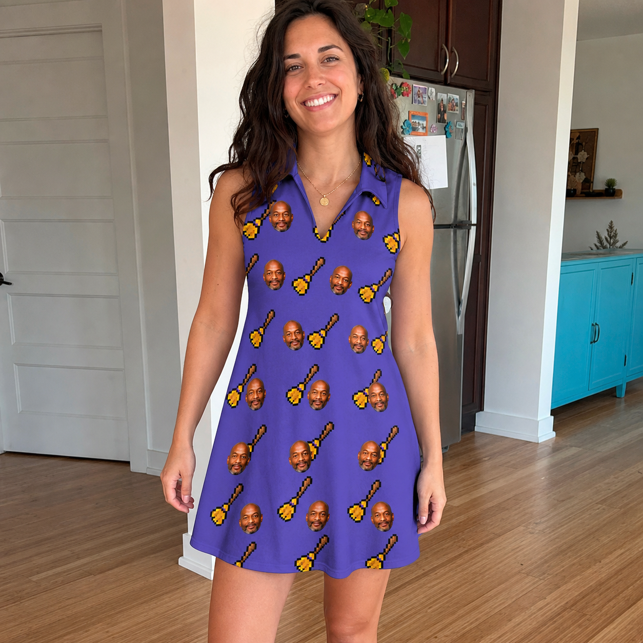 Real-life photo of someone wearing Women's Mopstick Magic Custom Face V-Neck Dress — custom faces printed all-over