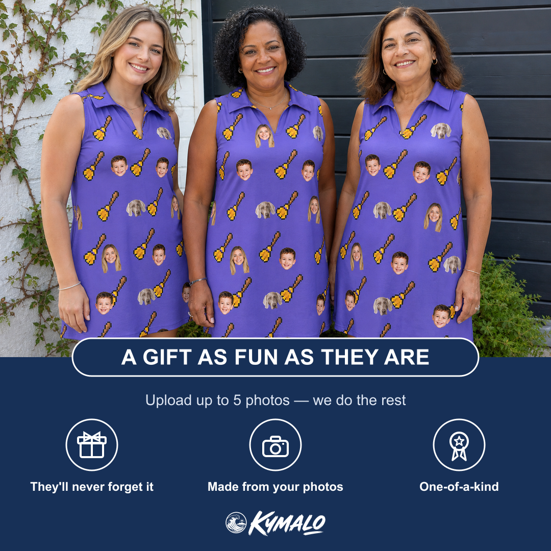 Friends in matching Women's Mopstick Magic Custom Face V-Neck Dress — a group gift photo