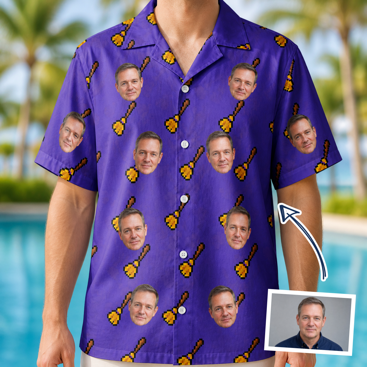 Man wearing Men's Mopstick Magic Custom Face Hawaiian Shirt — custom faces printed all-over