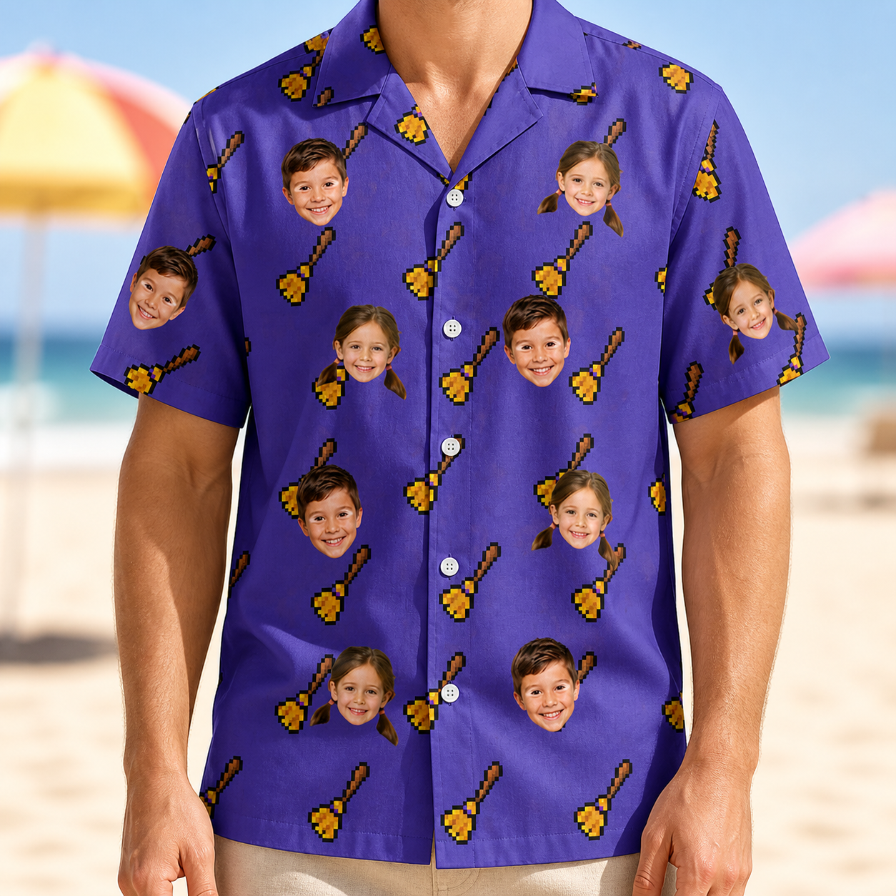 Model wearing Men's Mopstick Magic Custom Face Hawaiian Shirt printed with kids' faces