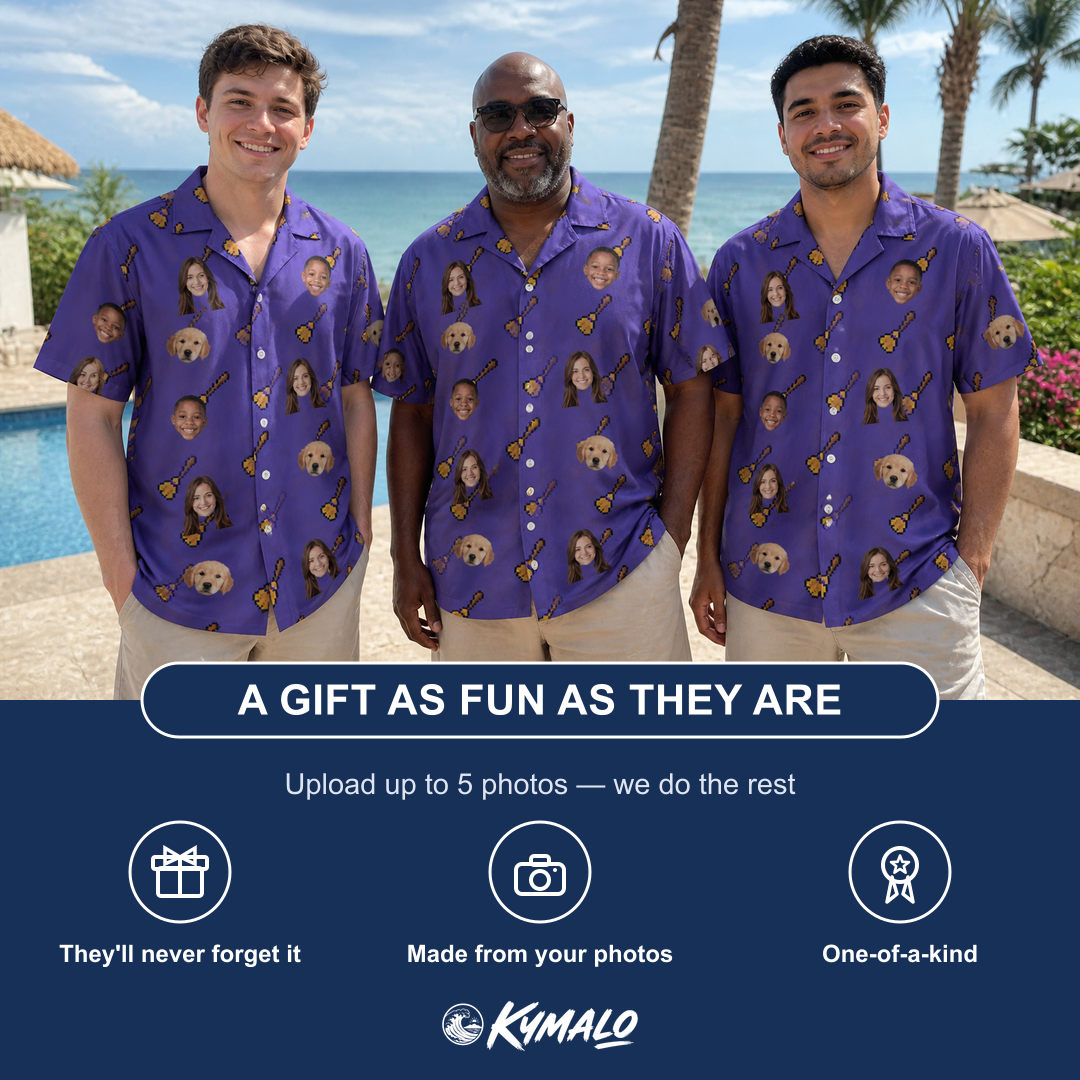 Friends in matching Men's Mopstick Magic Custom Face Hawaiian Shirt — a group gift photo
