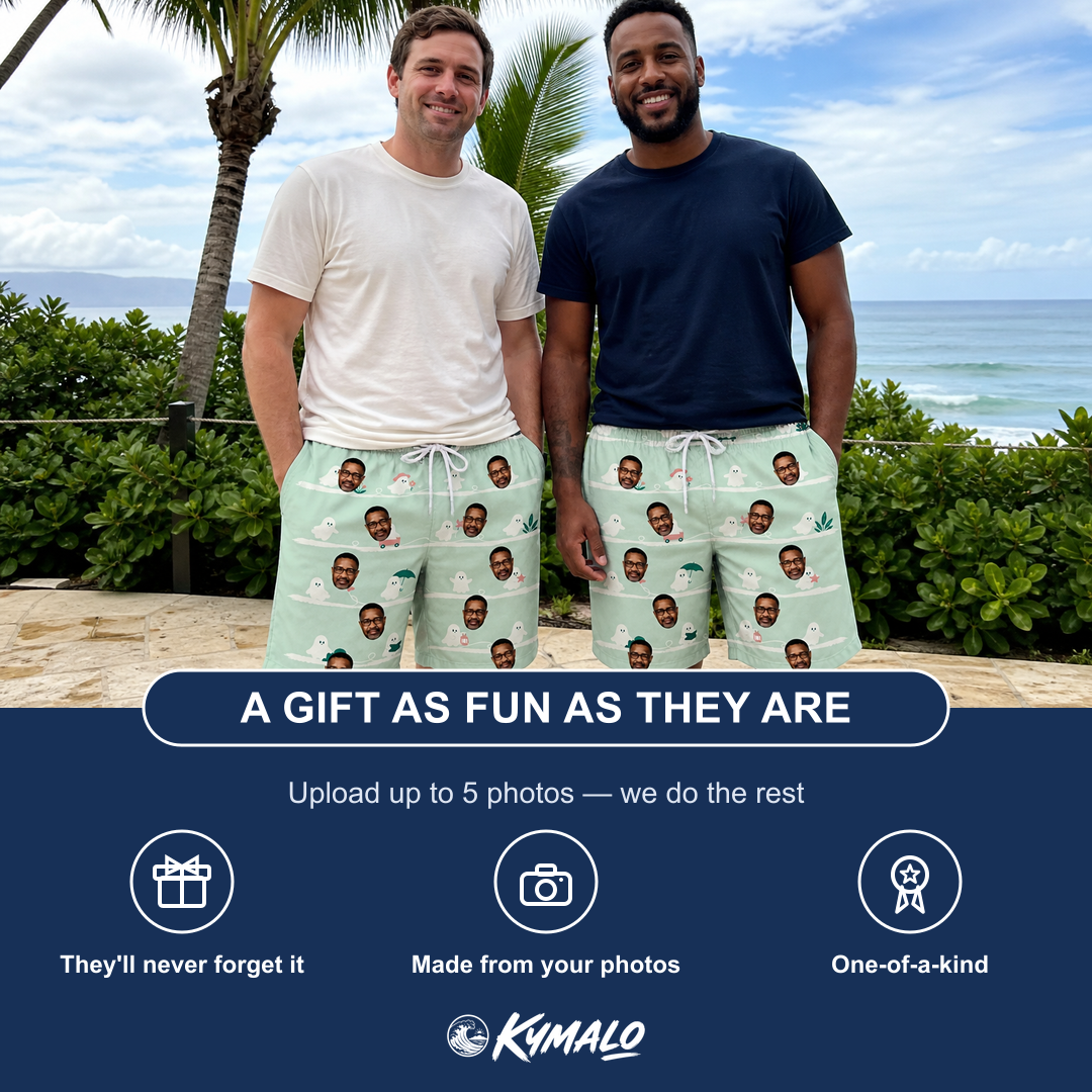 Friends in matching Men's Ghostly Goofballs Custom Face Beach Shorts — a group gift photo