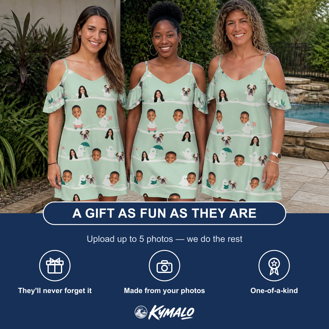 Friends in matching Women's Ghostly Goofballs Custom Face Off-Shoulder Dress — a group gift photo