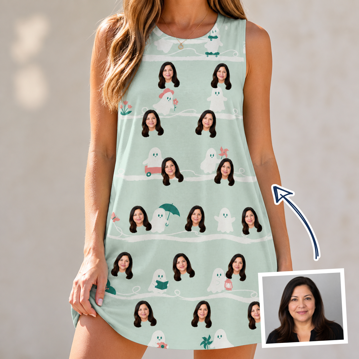 Woman wearing Women's Ghostly Goofballs Custom Face Tank Dress — custom faces printed all-over