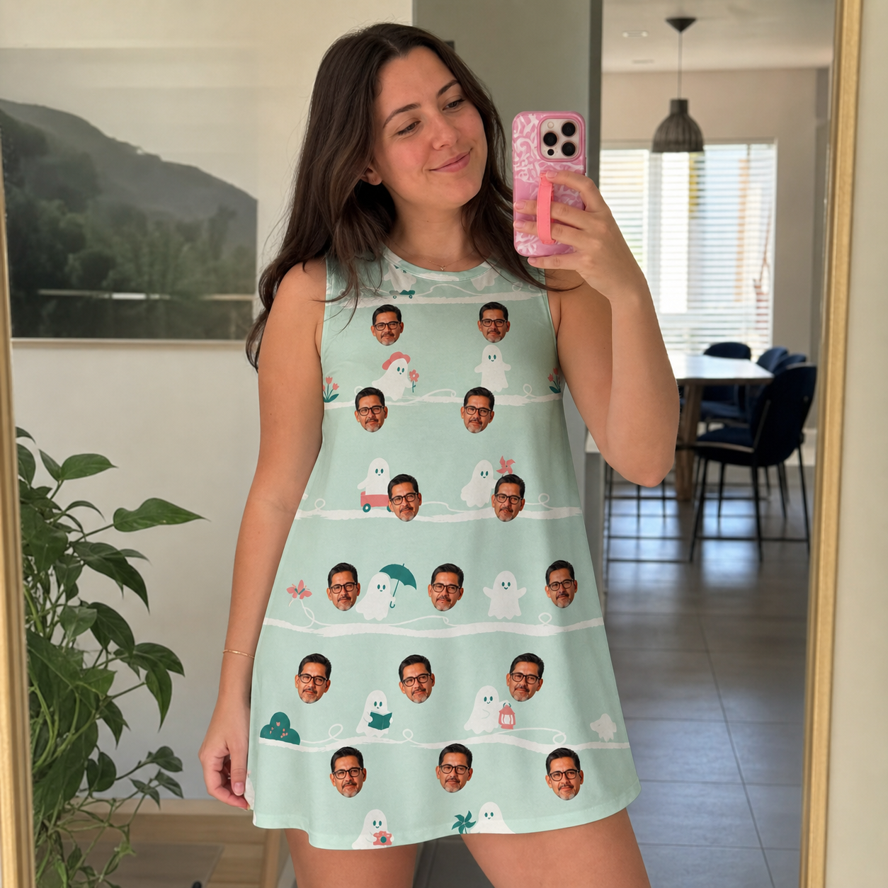 Real-life photo of someone wearing Women's Ghostly Goofballs Custom Face Tank Dress — custom faces printed all-over