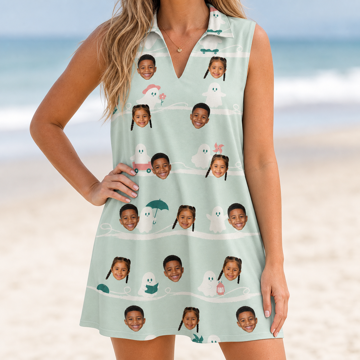 Model wearing Women's Ghostly Goofballs Custom Face V-Neck Dress printed with kids' faces
