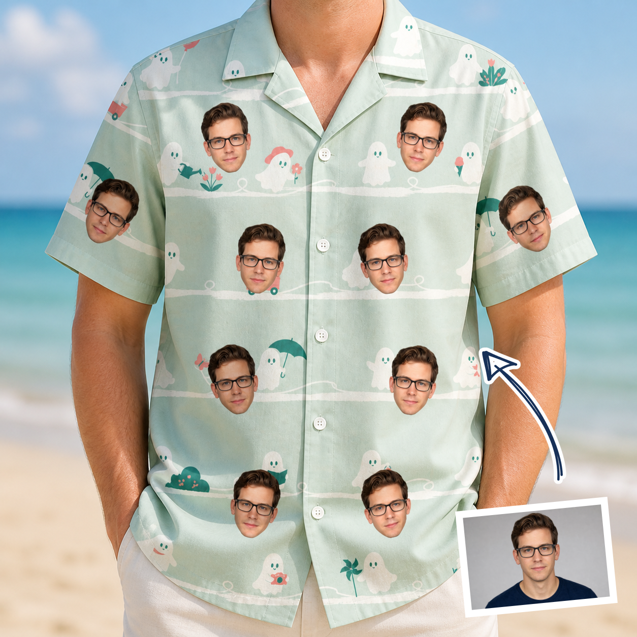 Man wearing Men's Ghostly Goofballs Custom Face Hawaiian Shirt — custom faces printed all-over